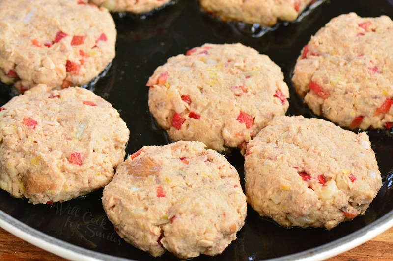 uncooked shaped patties in the pan