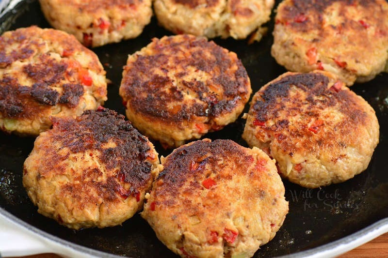 cooked salmon patties in the pan