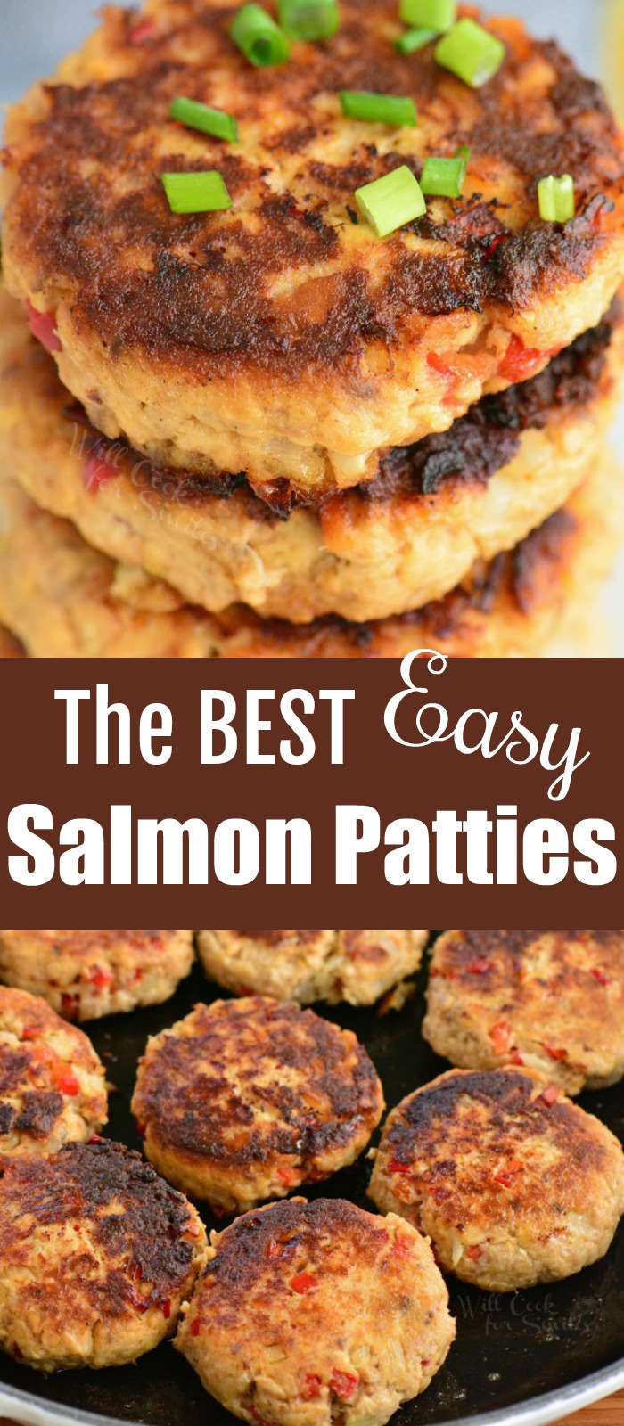 long collage of cooked salmon patties