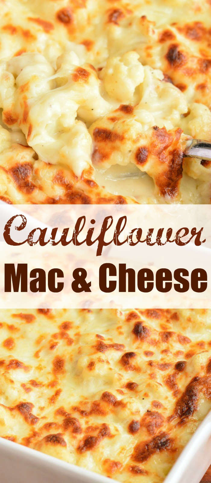 collage of two images of cooked cauliflower mac and cheese with words in the middle