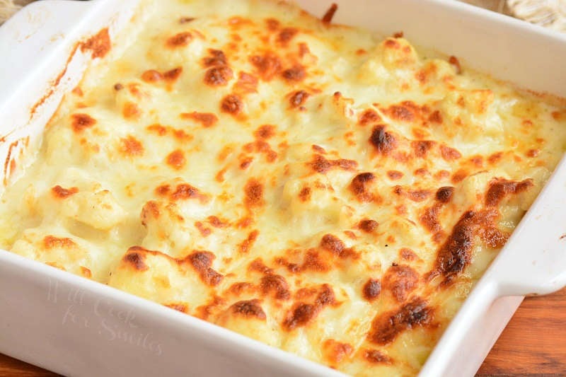 baked cauliflower mac and cheese in the baking dish