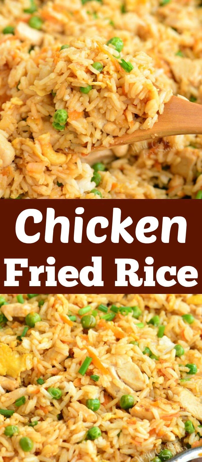 long collage of two chicken fried rice in a pan pictures and title in the middle