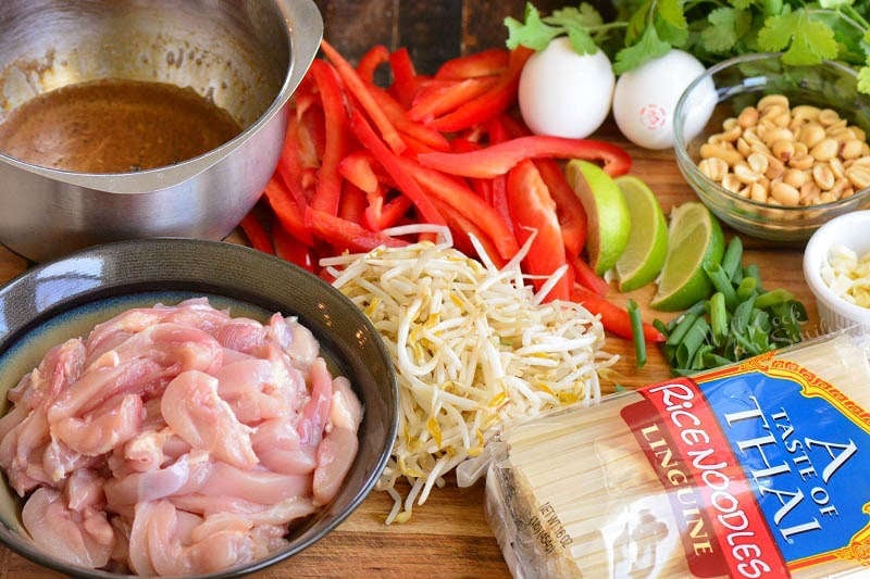 ingredients for pad thai on the cutting board