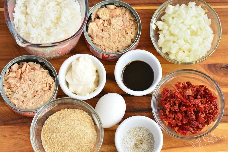 ingredients for salmon and rice patties on the cutting board