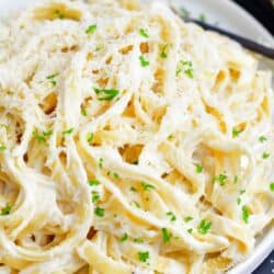 closeup of fettuccine Alfredo in a light plate with parsley.