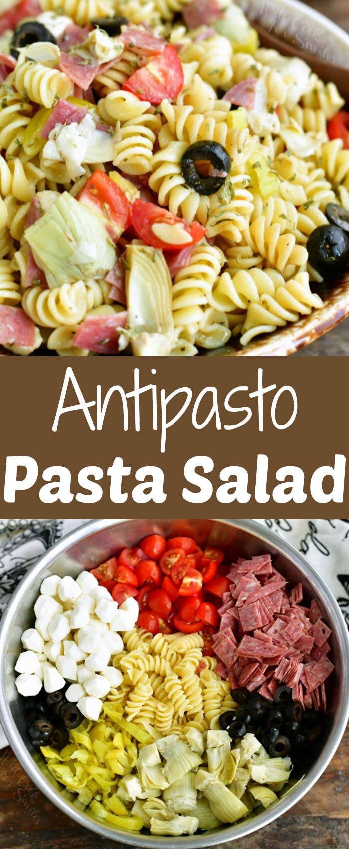 antipasto pasta salad in a bowl collage 