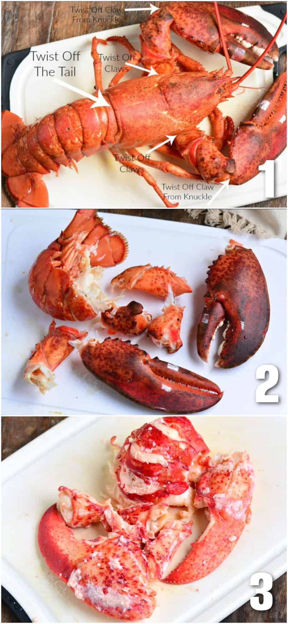 collage of three images of whole cooked lobster, broken apart, and then lobster meat.