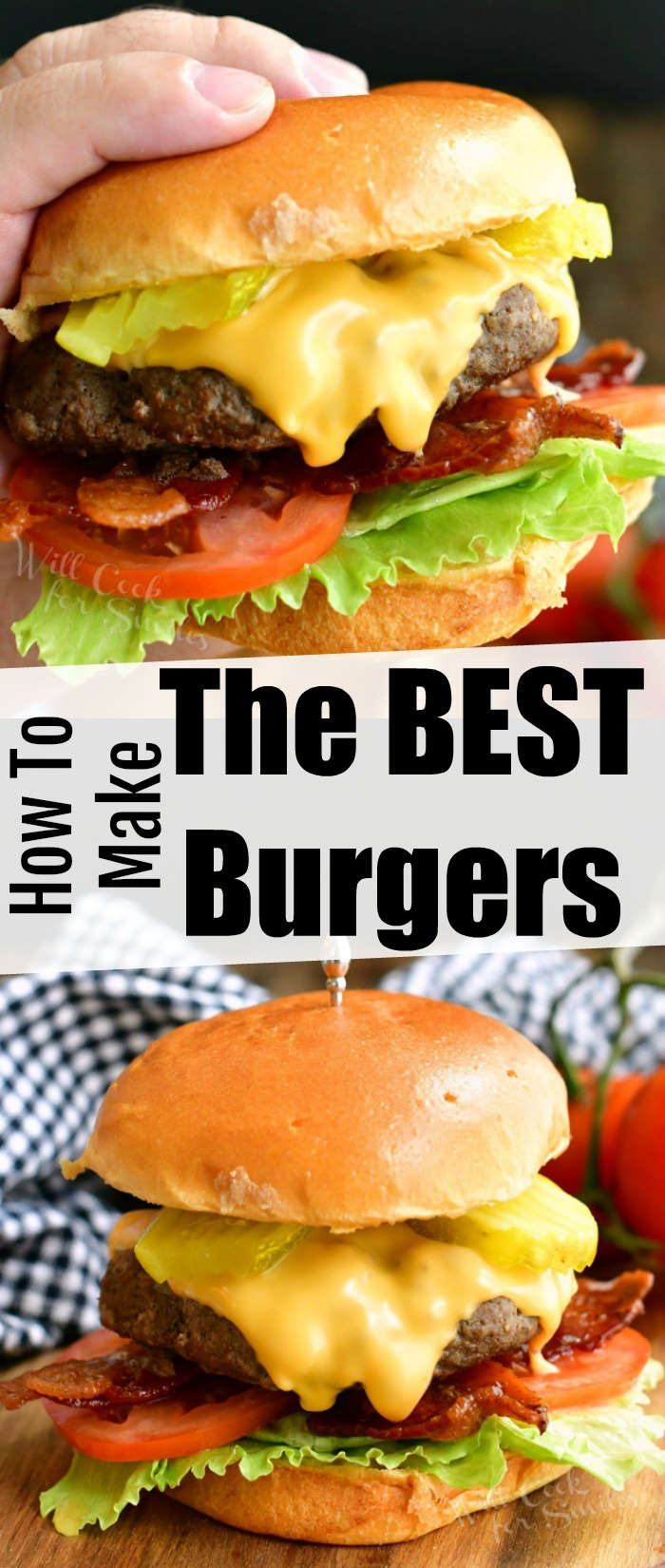 collage of tow images: holding a cheeseburger on top and cheeseburger on the cutting board with tomatoes and a checkered towel next to it