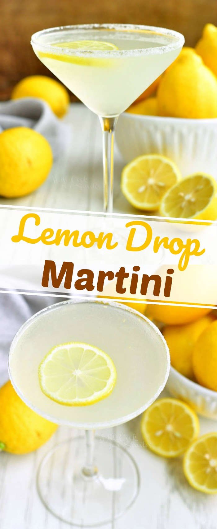 college of two images of lemon drop martini surrounded by lemons on top and top view of martini in a glass on the bottom