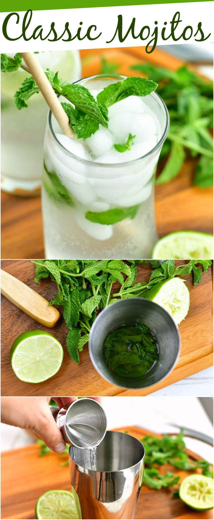 collage of three images on mojito cocktial on top then mint muddled in a shaker and then pouring in rum from a jigger into the shaker