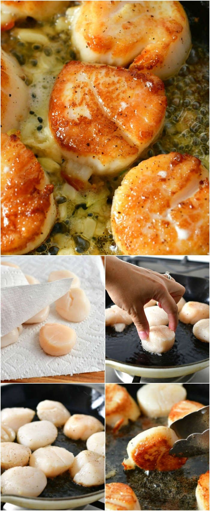 collage of five images: seared scallops on top, then drying scallops with paper towel, then placing a scallop in a hot skillet, scallops cooking on a skillet, and last, flipping over a scallop with tongues