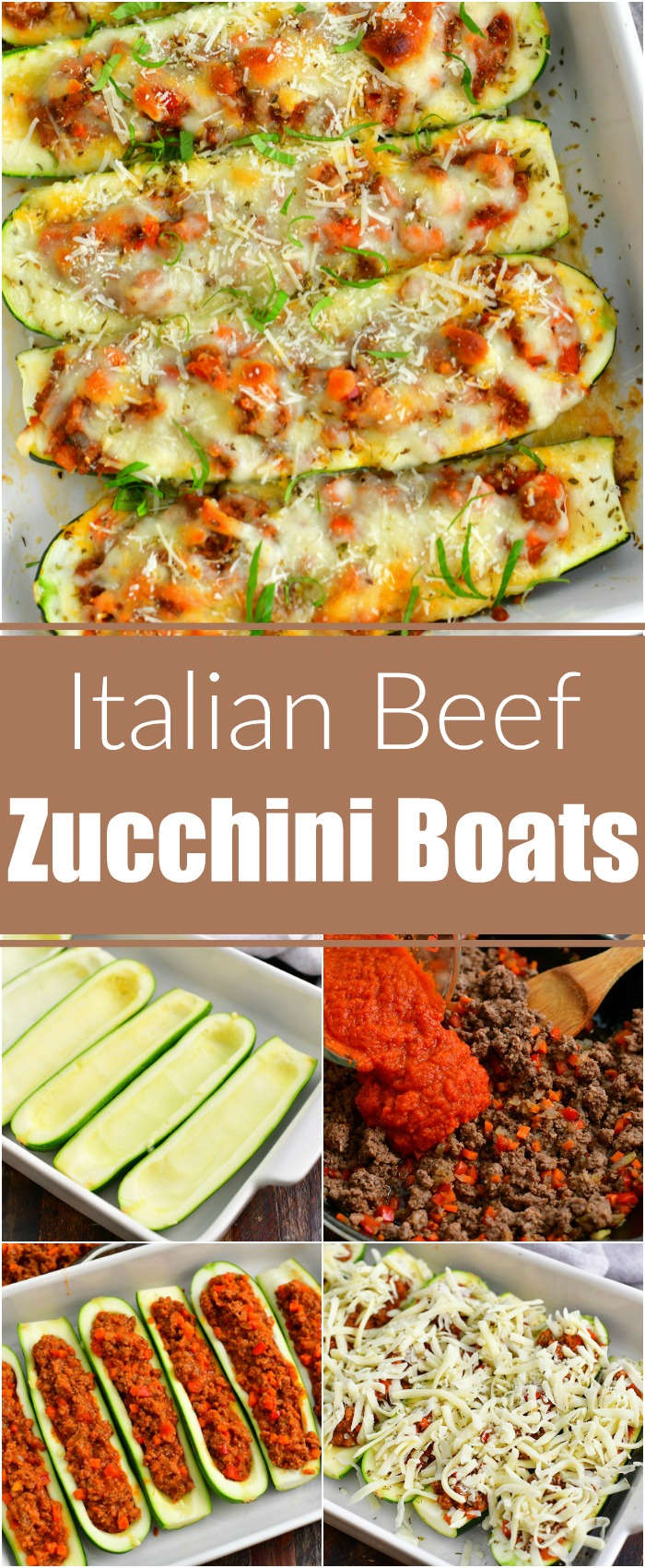 collage of five images of baked zucchini boats on top and then hollowed zucchini in a baking dish, adding sauce to the cooked beef, zucchini stuffed with beef mixture and zucchini boats topped with shredded Mozzarella cheese