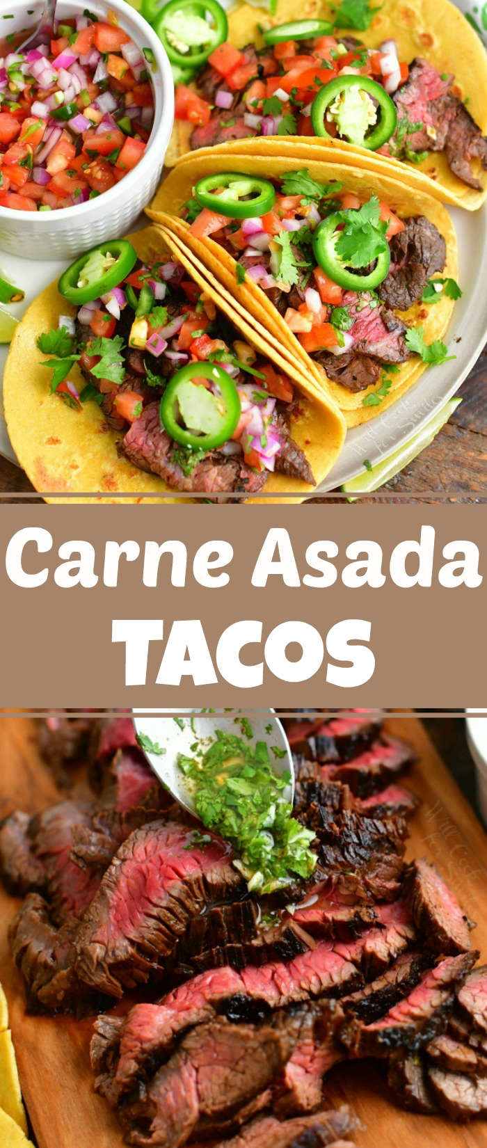 collage of two images of three steak tacos in a plate side by side next to bowl of pico and pouring cilantro topping over sliced steak on the bottom
