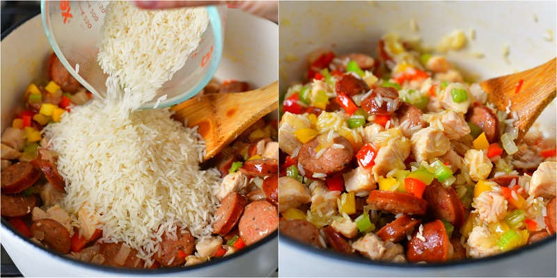 collage of two images of cooking steps with rice being added to the meat and vegetables on the left and uncooked rice mixed in with meat and vegetables on the right