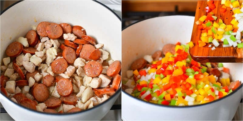 collage of two images: sausage slices and pieces of chicken meat cooking in a white Dutch oven on the left and adding diced bell peppers, onions, and celery to the pot on the right