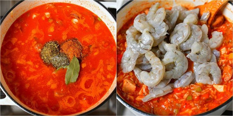 collage of two images with seasonings scooped into the top of the red meat and rice mixture on the left and raw shrimp added to the pot of rice and meat mixture on the left