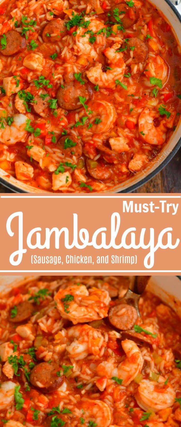 tall collage of two images of cooked jambalaya in a pot on top and spooning a ladlefull of jambalaya on the bottom