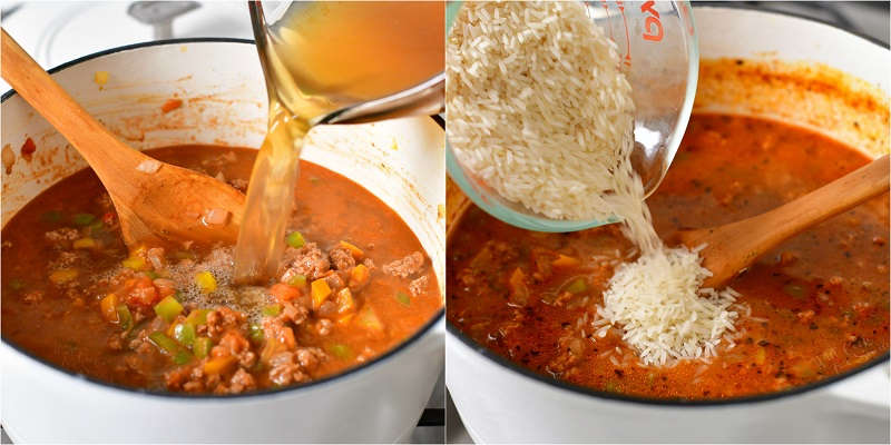 two photo collage: adding stock and uncooked rice to pot for a soup recipe