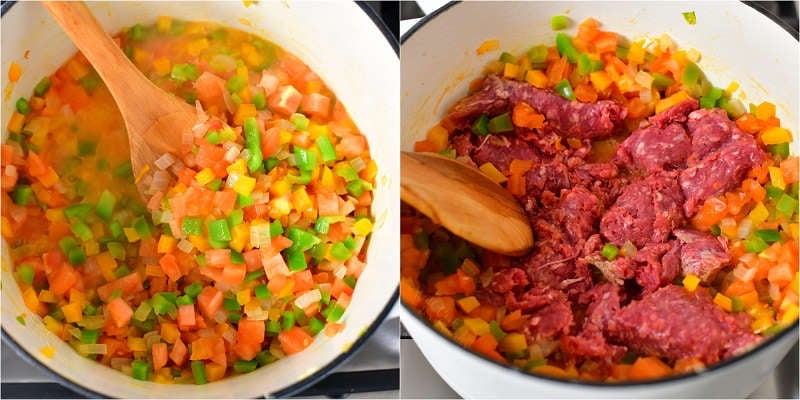 2 photo collage: making a stuffed pepper soup recipe
