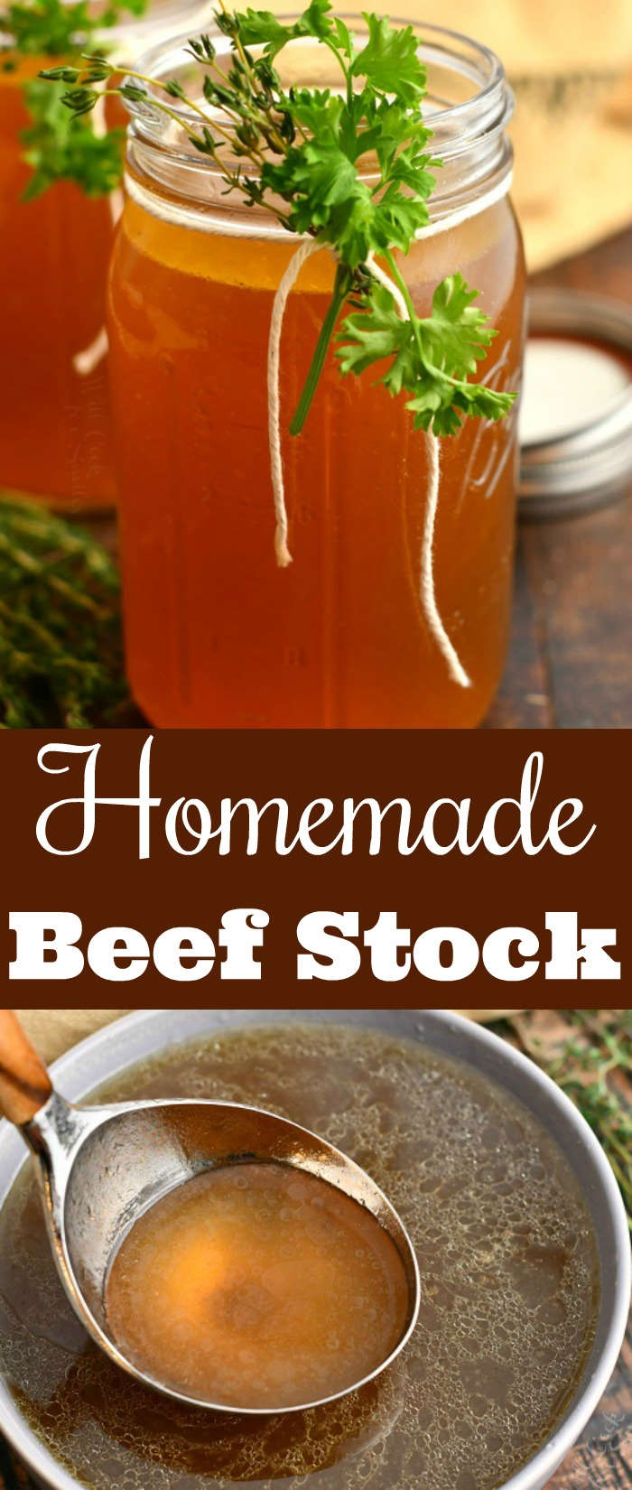 titled photo collage: "Homemade Beef Stock" - stock in glass jar and on a ladle