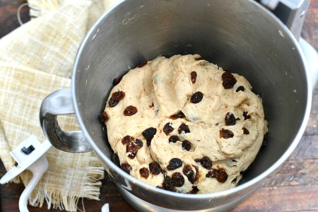 raisin bread dough in mixing bowl (before rising)