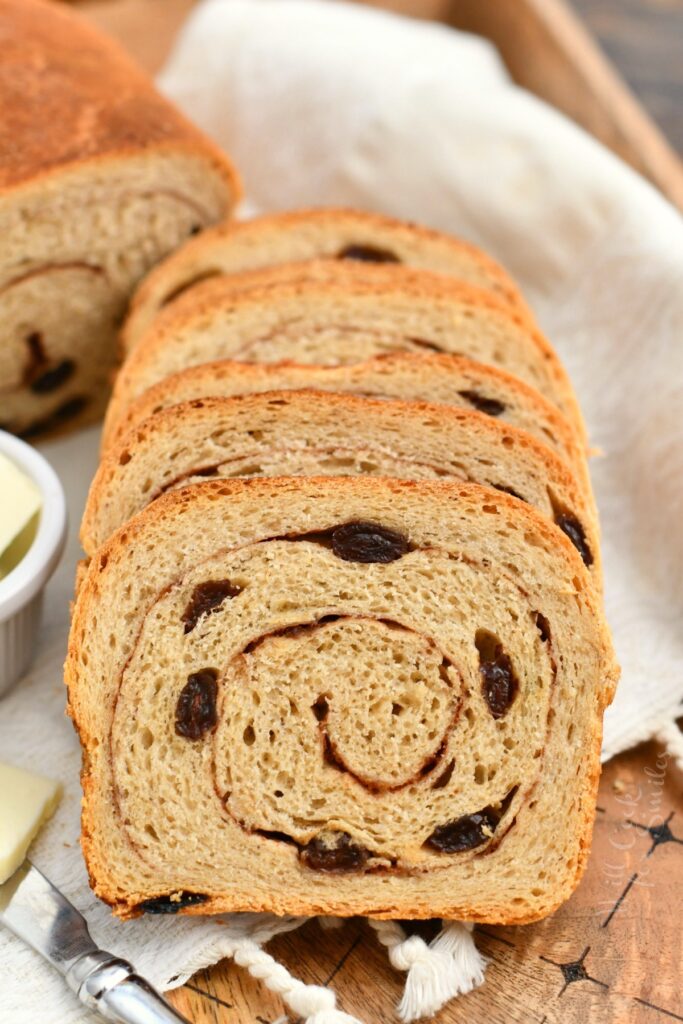 freshly baked slices of cinnamon raisin bread