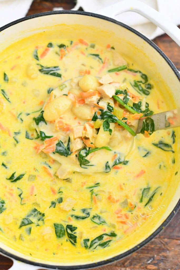 overhead: large pot of creamy chicken gnocchi soup with spinach