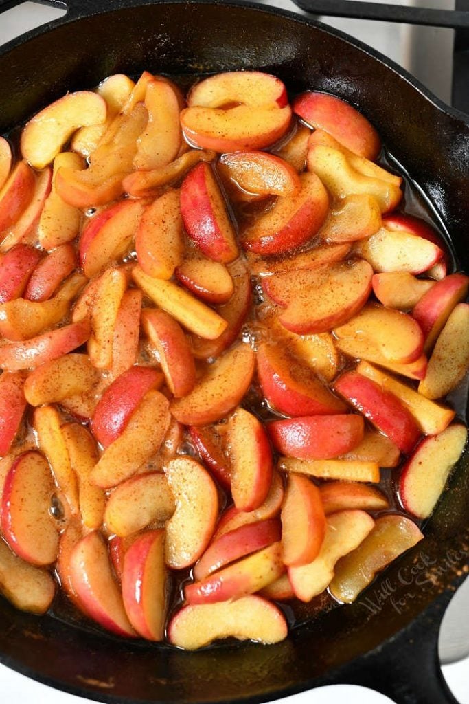 overhead photo: fried apples in cast iron skillet