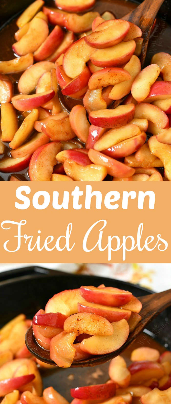 titled photo collage shows southern fried apples on serving spoon and close up