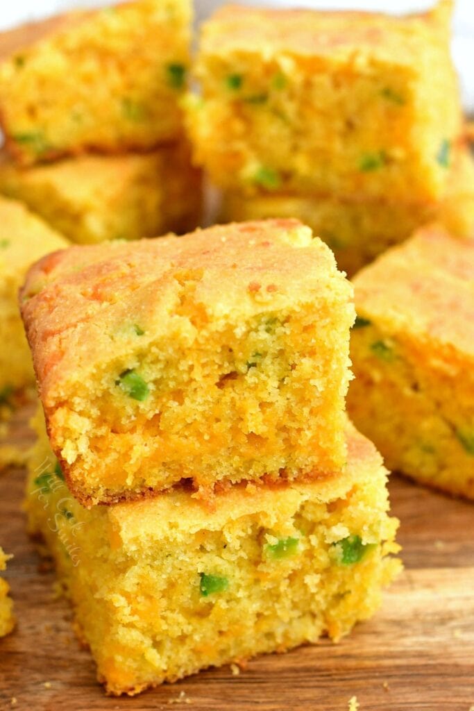 squares of moist corn bread made from scratch