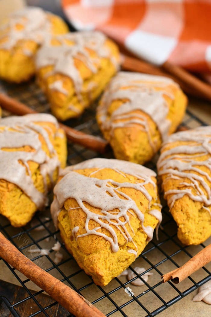 soft pumpkin scones drizzled with glaze