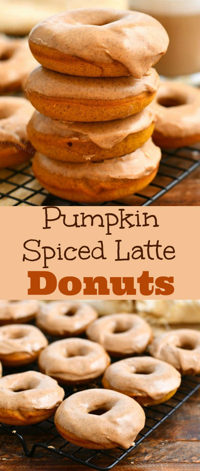 titled photo collage shows a stack of homemade pumpkin spiced latte donuts