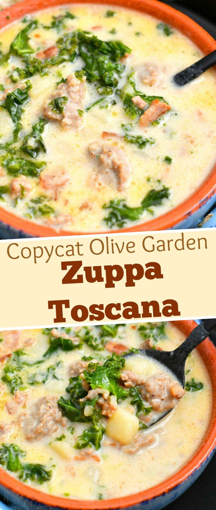 titled photo collage shows bowls of Zuppa Toscana soup