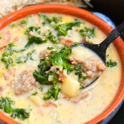 overhead photo: bowl of homemade Zuppa Toscana soup