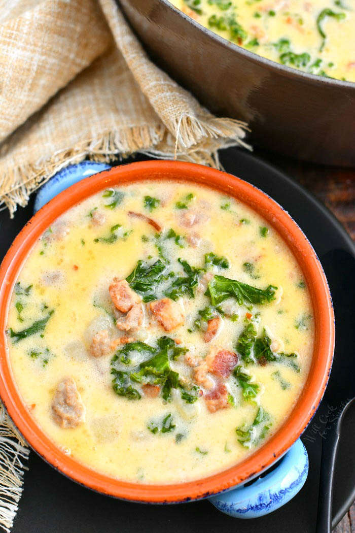 overhead photo: copycat version of Olive Garden Zuppa Toscana soup