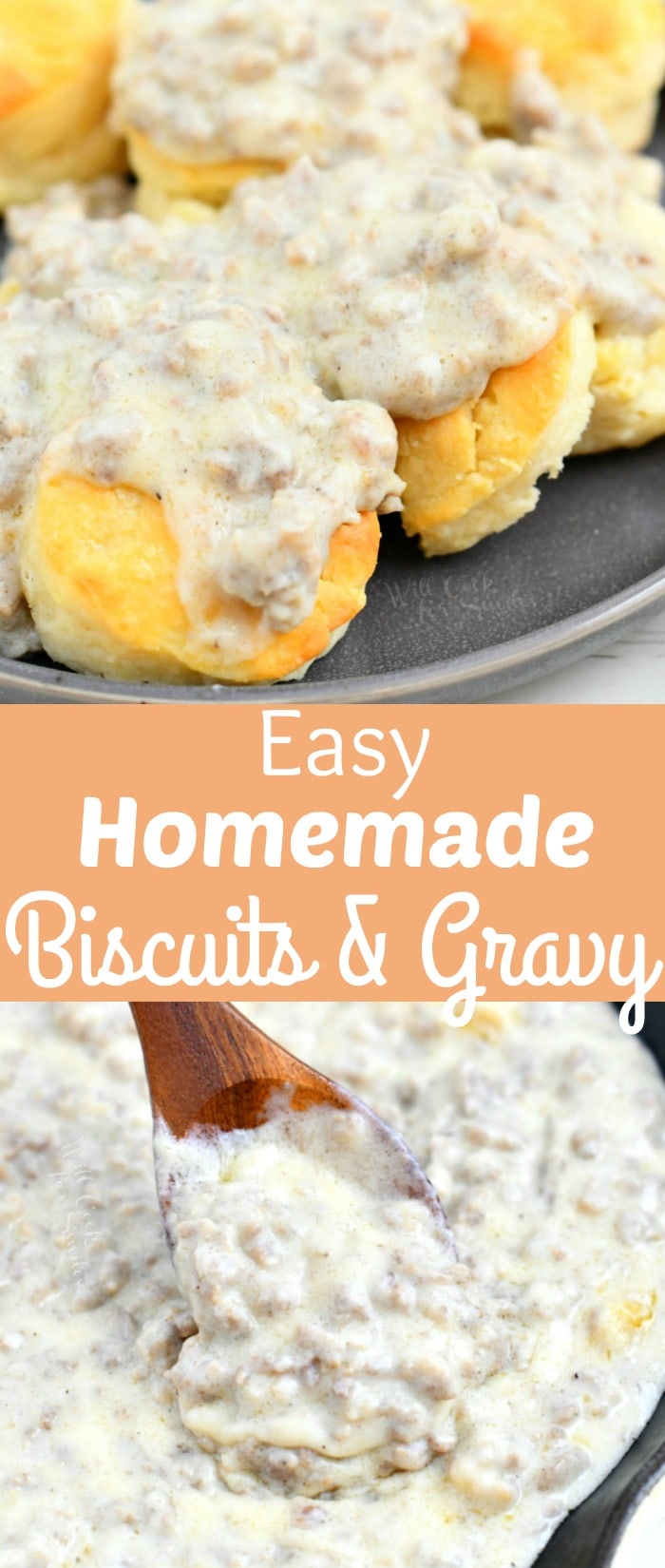 collage of two images with sausage gravy covered biscuits and stirring sausage gravy