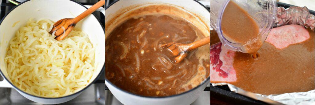 photo collage shows steps to make sauce for beef brisket recipe