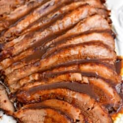 baked brisket slices covered with balsamic sauce