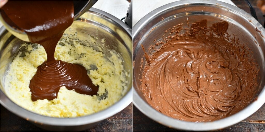 photo collage: folding melted chocolate into mixing bowl of whipped butter