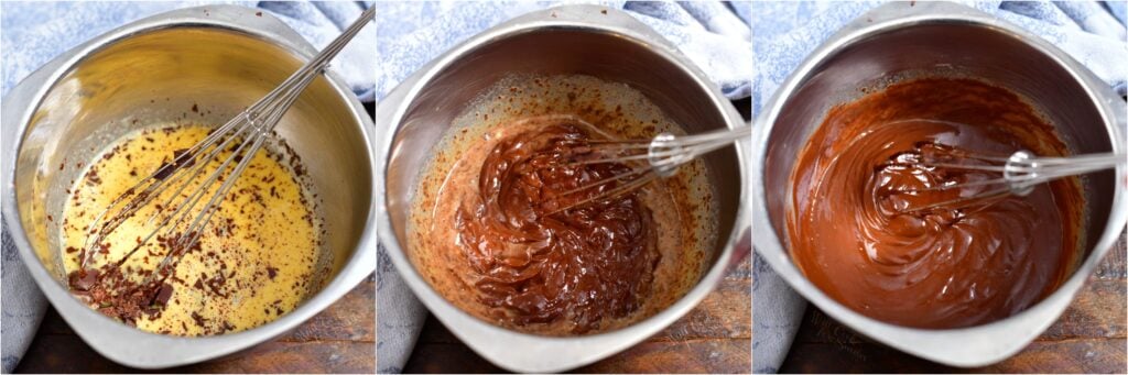 photo collage shows steps to make custard filling for a chocolate pie