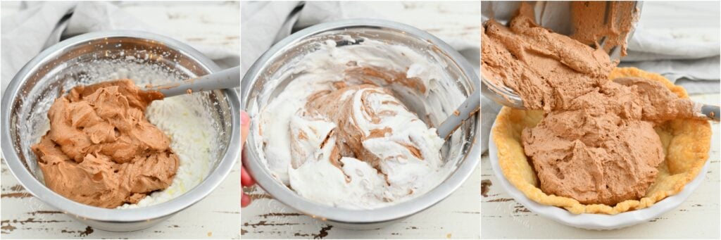 3 photo collage: folding homemade whipped cream into chocolate filling