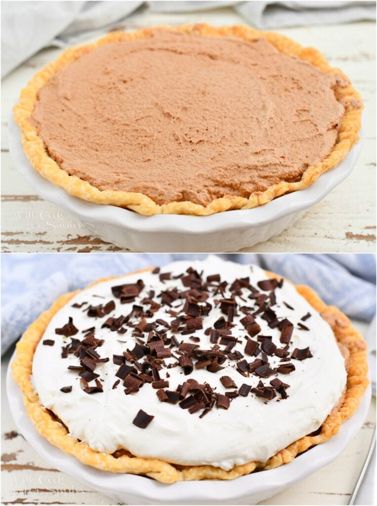 photo collage of chocolate custard in a pastry crust, before and after adding whipped cream topping