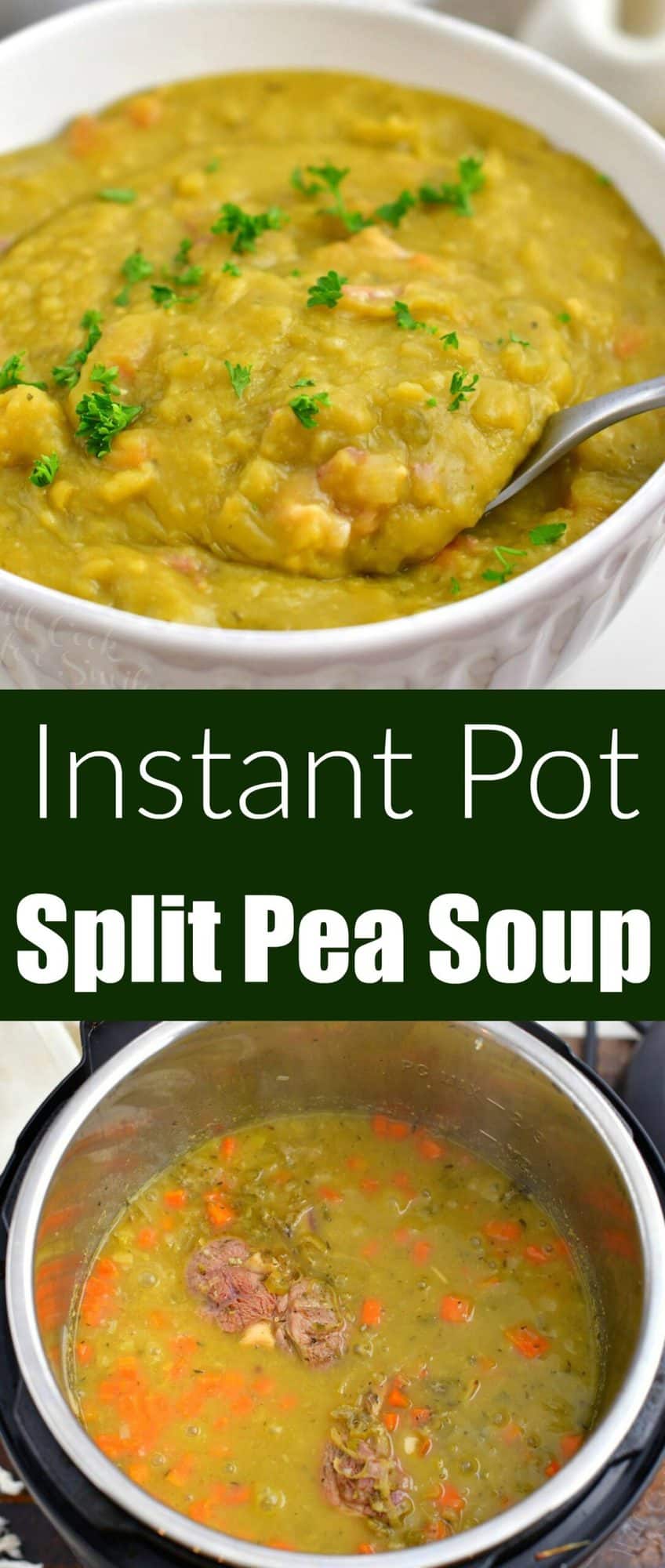 titled image (and shown in a bowl): Instant Pot split pea soup