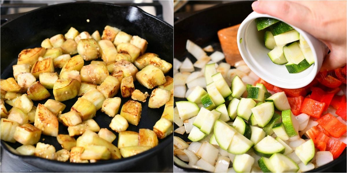 adding raw diced zucchini to vegetable ratatouille in cast iron pan