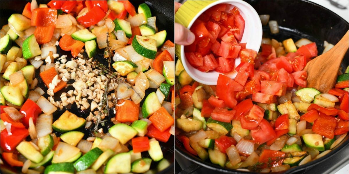 fresh diced tomato being added to a cast iron skillet with other chopped garden vegetables