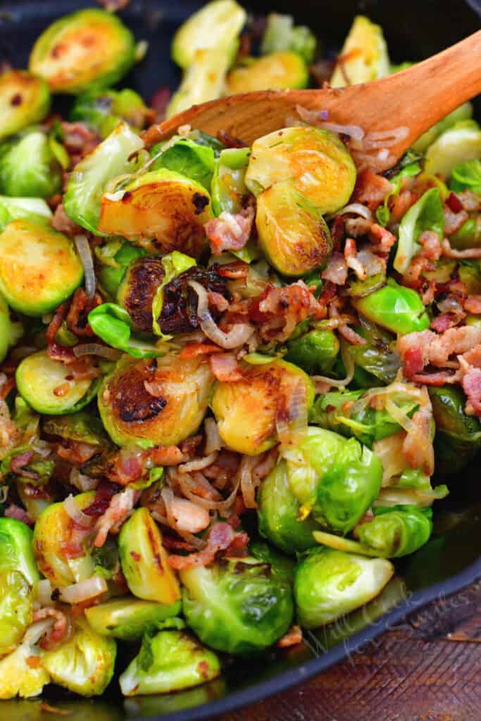 close up image: dish of brussels sprouts with bacon