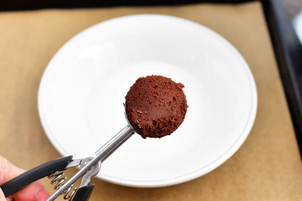 close up image: scoop of chocolate cookie dough