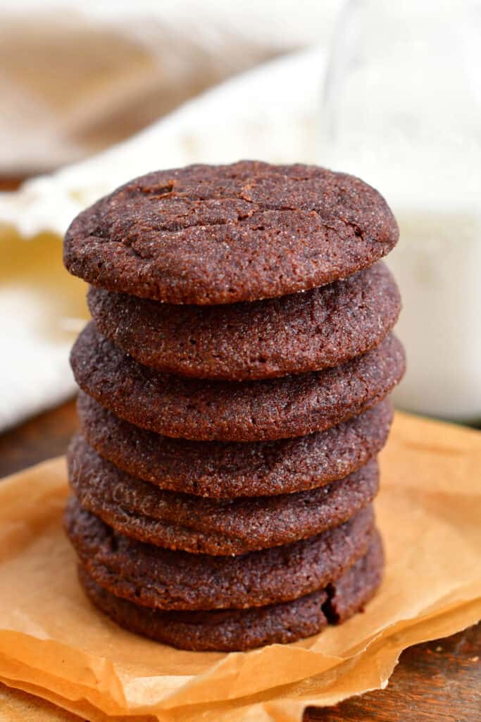side view: stack of homemade chewy chocolate cookies