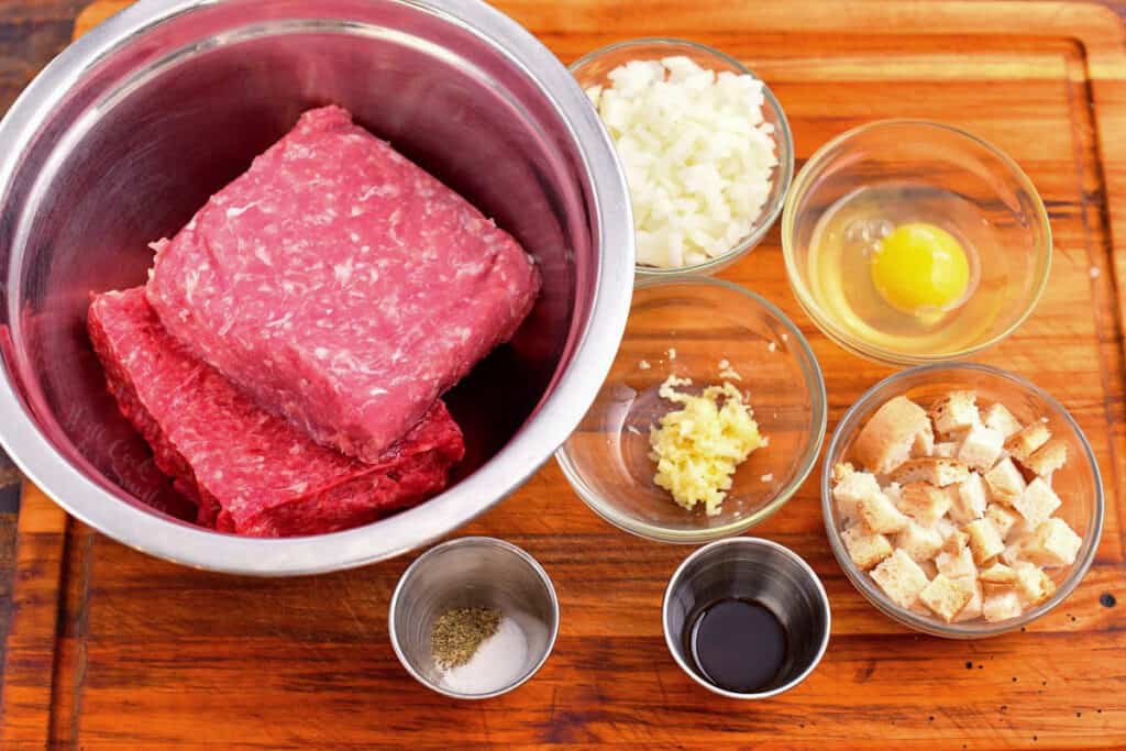 ingredients in prep bowls to make party meatball recipe
