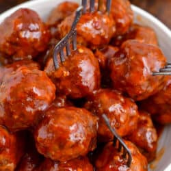 overhead image: bowl of mini beef meatball appetizers